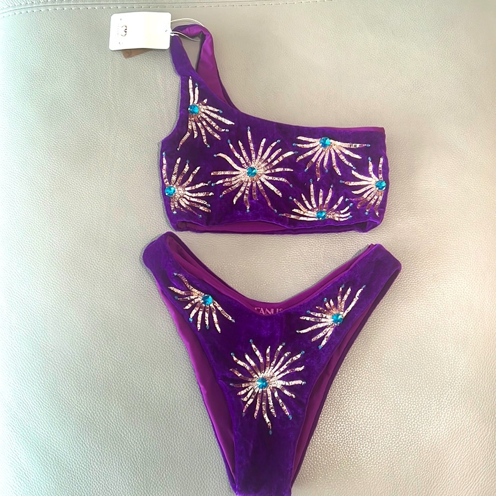 Purple velvet one shoulder embellished Oceanus bikini s NWT